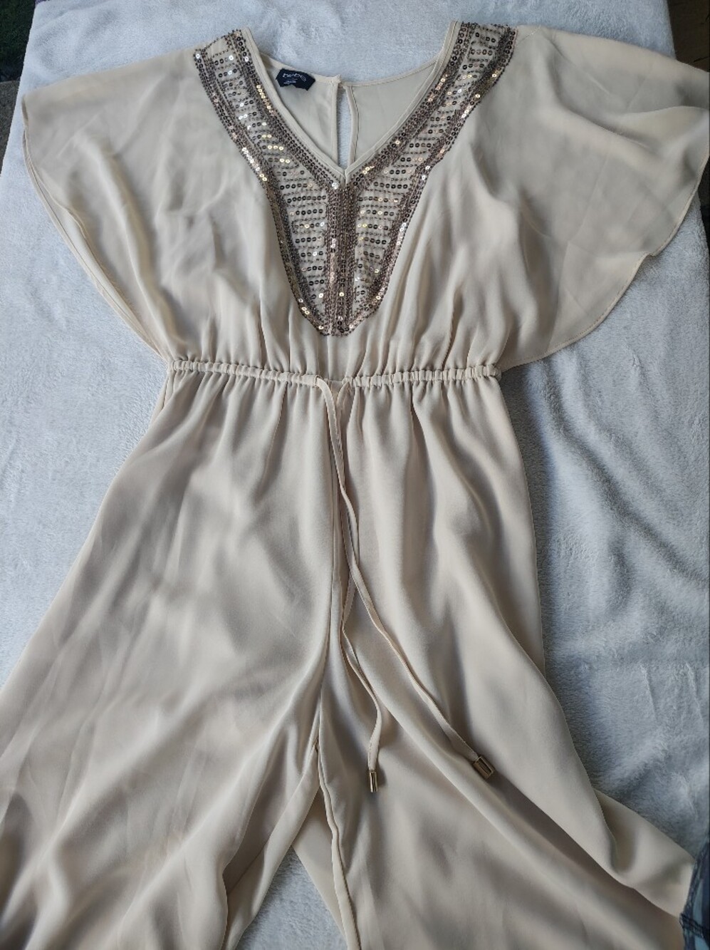 BEBE Kay Jumpsuit Sequin V-Neck Women's with Drawstring Waist